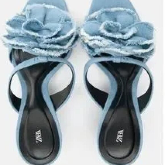 Zara Woman Floral Heeled High Heel Denim Sandals - Picture 4 of 4